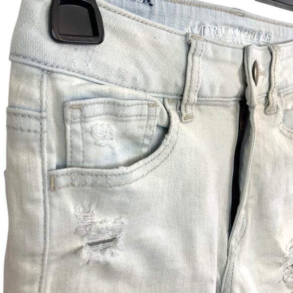 American Eagle Hi Rise Shortie Distressed Light Blue Wash Raw Hem Shorts sz 00 - Picture 2 of 16